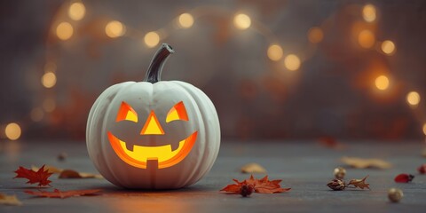 Jack OLantern with a comical expression serving as festive outdoor decor during Halloween