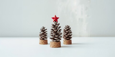 Small pine cone trees with cork bases and a red star on top, crafted for festive DIY holiday decorations, Christmas