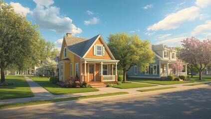 Green park landscape featuring grass, trees, flowers, and clouds, ideal for outdoor activities