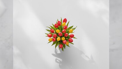 Valentine's Day themed flat lay of a colorful tulip flower bunch on white surface, suitable for greeting card backgrounds