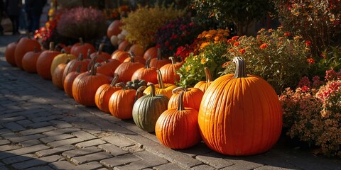 Decorative squash and pumpkins arranged outdoors for seasonal street flowers and vegetable display, autumn decoration, harvest festival