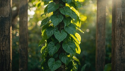 Betel plant climbing against a backdrop, showing vibrant green leaves, used in UI design or editorial headers