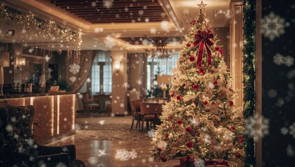 Hotel lobby adorned with New Year's decorations, festive atmosphere