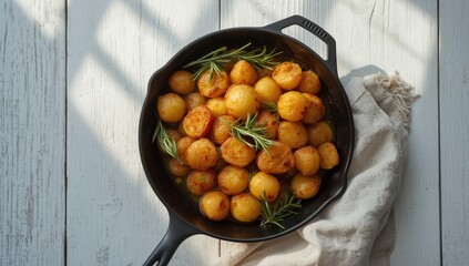 Rustic fried potatoes seasoned with rosemary in a cast-iron skillet, suitable for food preparation backgrounds