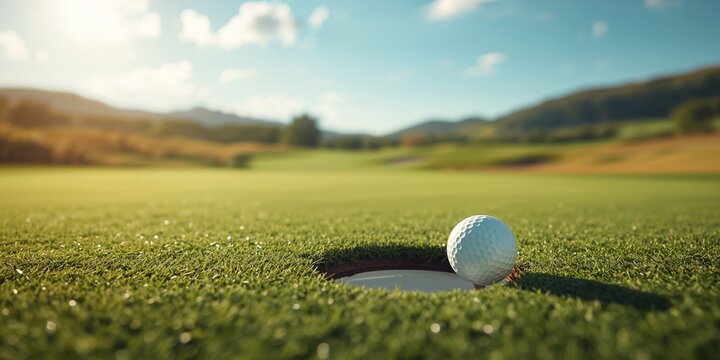 Golf ball resting on manicured green with hole nearby, ideal for sports or game UI backdrops