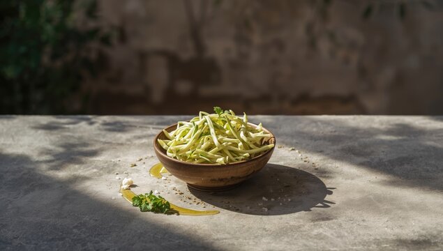Fermented bladdernut blossom from Georgia, presented in a bowl on a concrete table, highlighting fermentation process