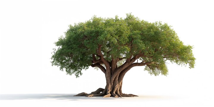 Various tropical trees including Walnut, Rain, Monkey Pod, and Samanea saman displayed against a stark white backdrop, highlighting plant variety