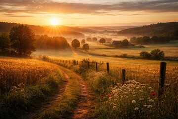 Obraz premium Radiant dawn light touching peaceful rural fields