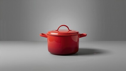Red kitchen cooking pot on grey background, designed for culinary safety and maintenance