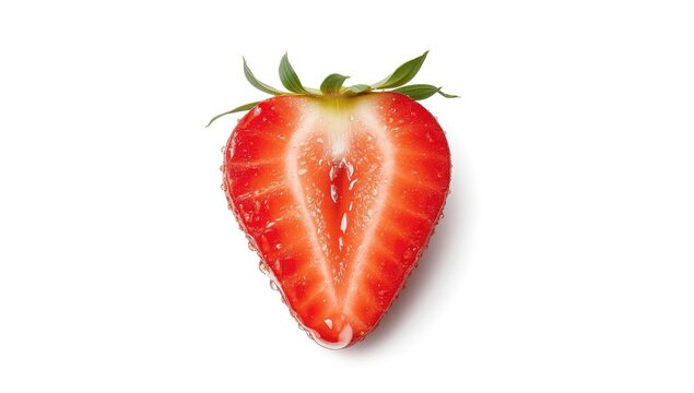Fresh strawberry slices with green leaves on a white backdrop, ideal for food presentation or packaging
