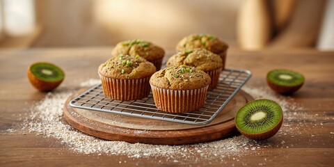 Homemade vegan kiwi muffins placed on cooling rack, highlighting dairy-free dessert preparation