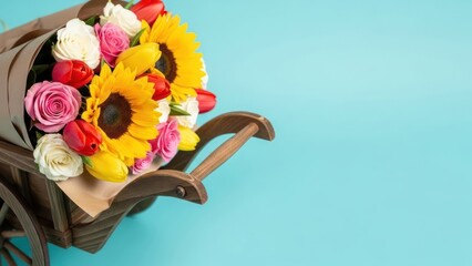Vibrant flower bouquet with sunflowers and roses in wooden cart on blue, copy space background