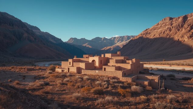 Moroccan mountain village situated at Tizi nTest pass in Atlas range, highlighting seasonal change