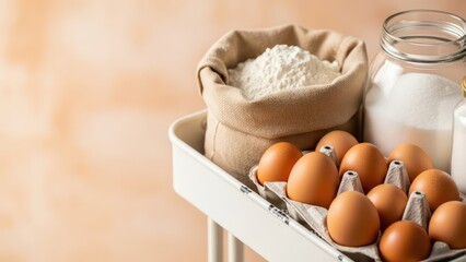 Essential baking ingredients: flour, sugar, and eggs ready for creation copy space background