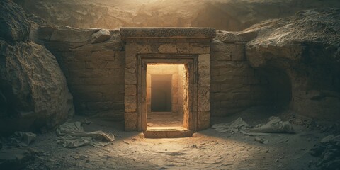 Religious site showing an empty tomb with stone entrance and surrounding landscape, Holy Land