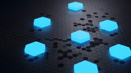 Glowing hexagonal nodes on a dark honeycomb surface, representing technology, network, and data transfer.