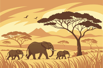 Fototapeta premium Elephant Family Walking Through African Savanna Landscape