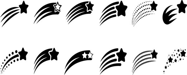 Obraz premium Stylized shooting star and comet icons in varied forms illustrate motion magic celestial travel wishes and cosmic symbolism