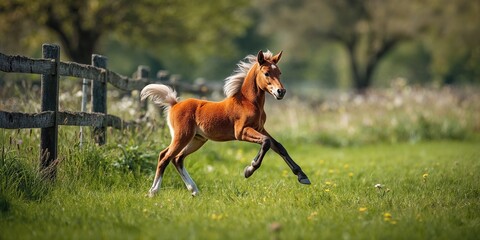 Young horse in motion on green grass during spring, highlighting rural landscape and animal vitality