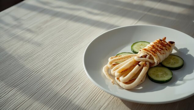 Raw squid on a clean white dish highlighting seafood freshness for food photography backgrounds