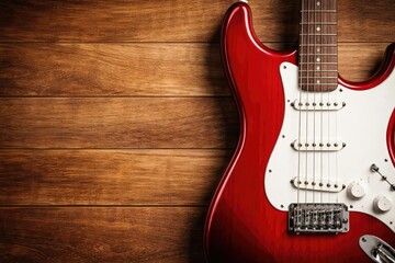 Fototapeta premium Close up vertical image of a red electric guitar and strings on wood grain background with copy space for business or music use