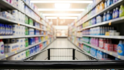 Navigating the brightly lit aisles of a modern supermarket with a shopping cart