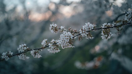 Obraz premium Spring orchard scene with cherry blossoms and gentle evening light, highlighting seasonal renewal