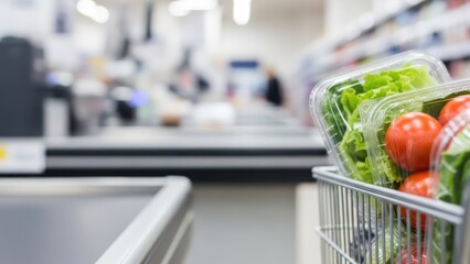Fresh produce in shopping cart at checkout counter ready for payment, copy space background
