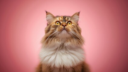Female torbie cat with long hair looking upward on vibrant backdrop, highlighting patience and curiosity