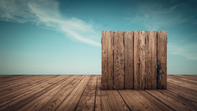 Weathered wooden fence with a blue backdrop, intended for design or editorial purposes