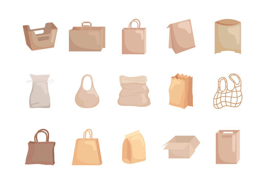 Beige And Brown Eco Bag Paper Pouch Kraft Shopping Illustrations Set