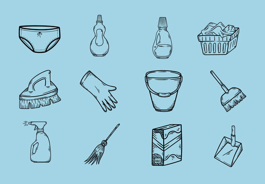 Black Cleaning Supplies Hygiene Tools Home Illustrations Set