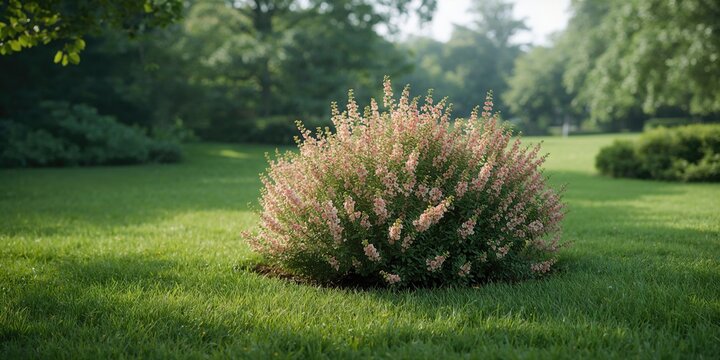 Landscaped garden featuring a blooming Spiraea shrub, highlighting springtime growth