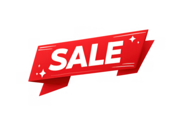 Red sale banner ribbon with text and sparkling elements, promoting discount offers and retail marketing on transparent background