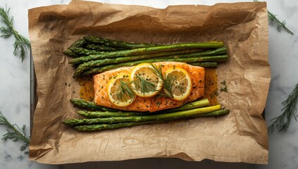 Salmon fillet and asparagus arranged with herbs and lemon on baking paper, focusing on nutritious meal preparation, World Food Day