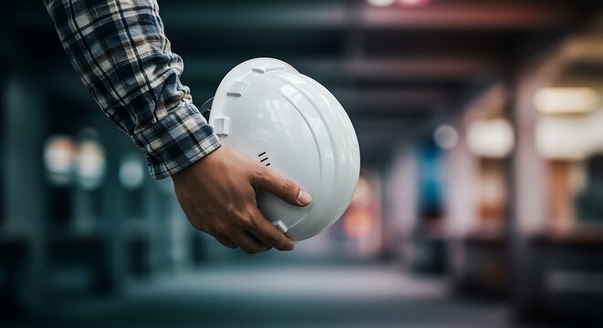 man holding white safety helmet in hand in construction site