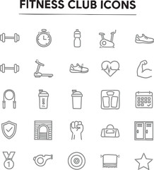 Fototapeta premium Comprehensive collection of line art icons representing various fitness club activities equipment and sports accessories for health and wellness tracking