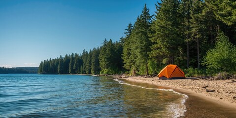 Camping tent set on a lakeside in the forest, outdoor shelter for wilderness exploration