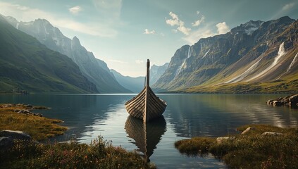 Viking boat made of aged wood resting near mountain waterfalls, highlighting natural preservation issues