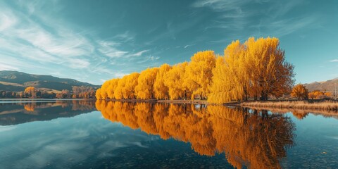 Yellow-leaved trees during fall reflecting on a tranquil lake, highlighting seasonal transition in a scenic setting