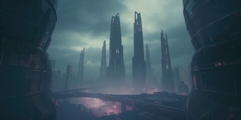 Modern city skyline featuring innovative architecture against a cloudy night sky, focusing on urban development at night