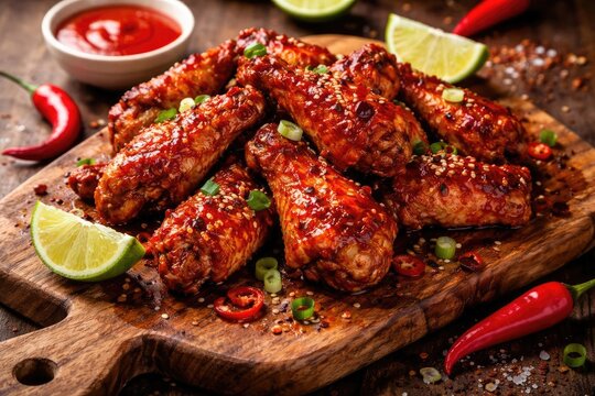 Bold sriracha chicken wings with spice on a knotty wood board