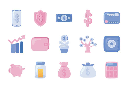 Blue And Pink Saving Coin Bank Finance Saving Illustrations Set