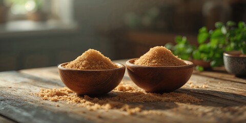 Brown sugar sourced from Saccharum officinarum in wooden containers, highlighting natural sweetness for cooking