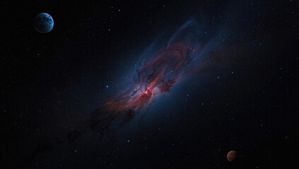 Deep space scene with a nebula and two planets illuminated in darkness, highlighting astronomical phenomena