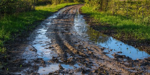 Water-filled ruts on a dirt road during spring, seasonal erosion risk