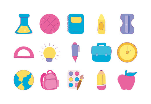 Blue And Yellow school backpack globe notebook pencil Illustration Set