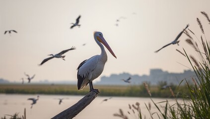 Obraz premium Wild bird species resting on branches in the Danube deltas water environment, highlighting biodiversity preservation
