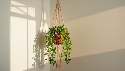 Houseplant in a terracotta pot suspended with macrame, positioned by window blinds for light filtering