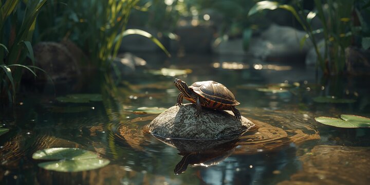 Painted turtle perched on a rock in clear water, freshwater animal behavior